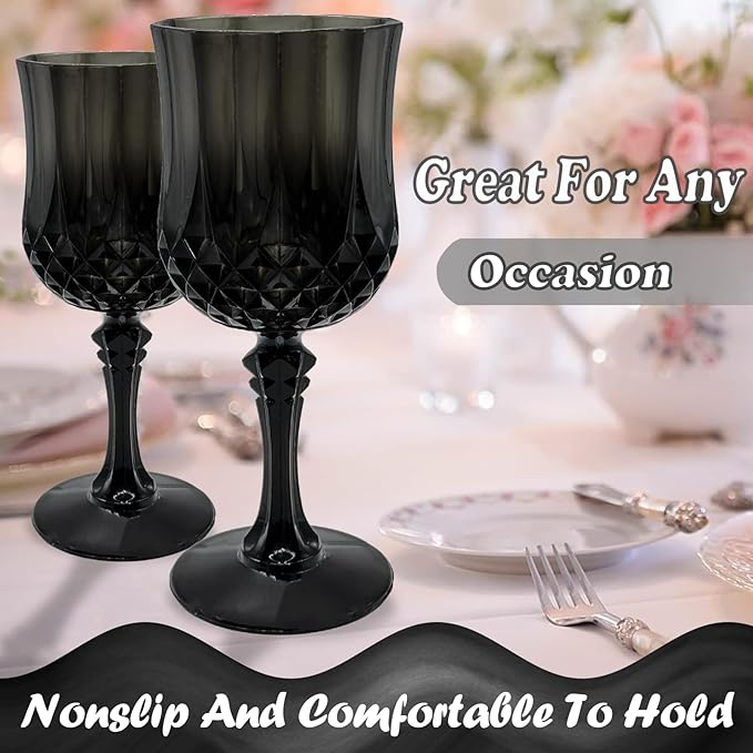 24 PCS Black Plastic Wine Glasses,Reusable Plastic Wine Glasses,Black Goblet Glass,Durable and Sturdy Cups Can Be Used for Various Parties Such as Weddings!