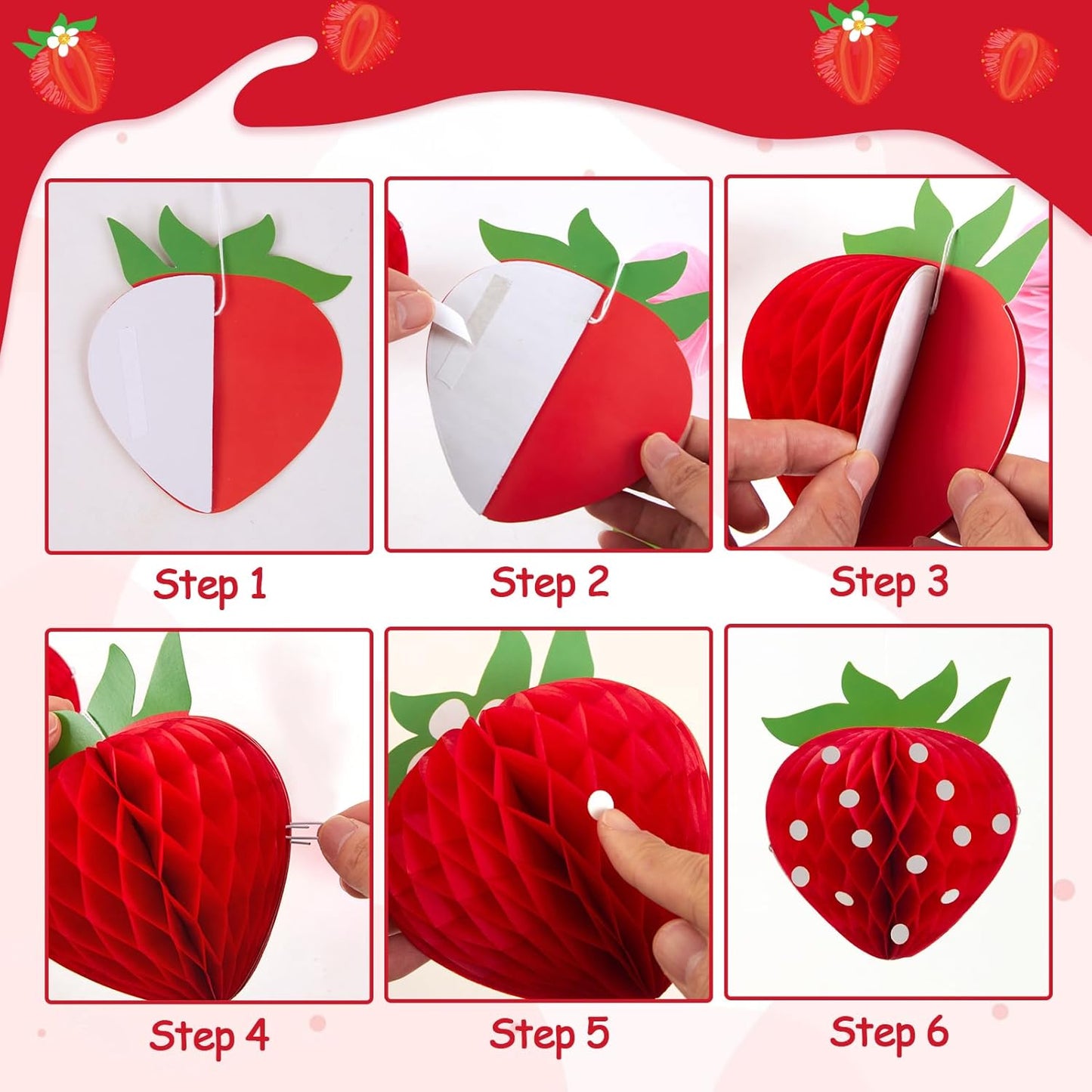 Strawberry Paper Fans, Strawberry Party Decorations, Berry First Birthday Decor, Pink Red White Green Tissue Paper Pom Poms Honeycomb for Birthday Girl Baby Shower Room Classroom