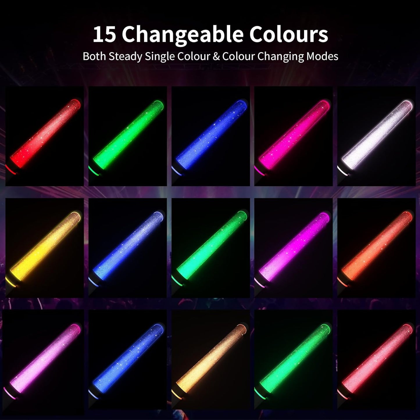 LED Glow Sticks 2 Pack, Reusable Light Up Toys 15 Colors Light Stick Bulk, Glow Party Supplies for Wedding, Birthday, Raves, Concert, Camping, New Year, Halloween, Christmas (with AAA Battery)