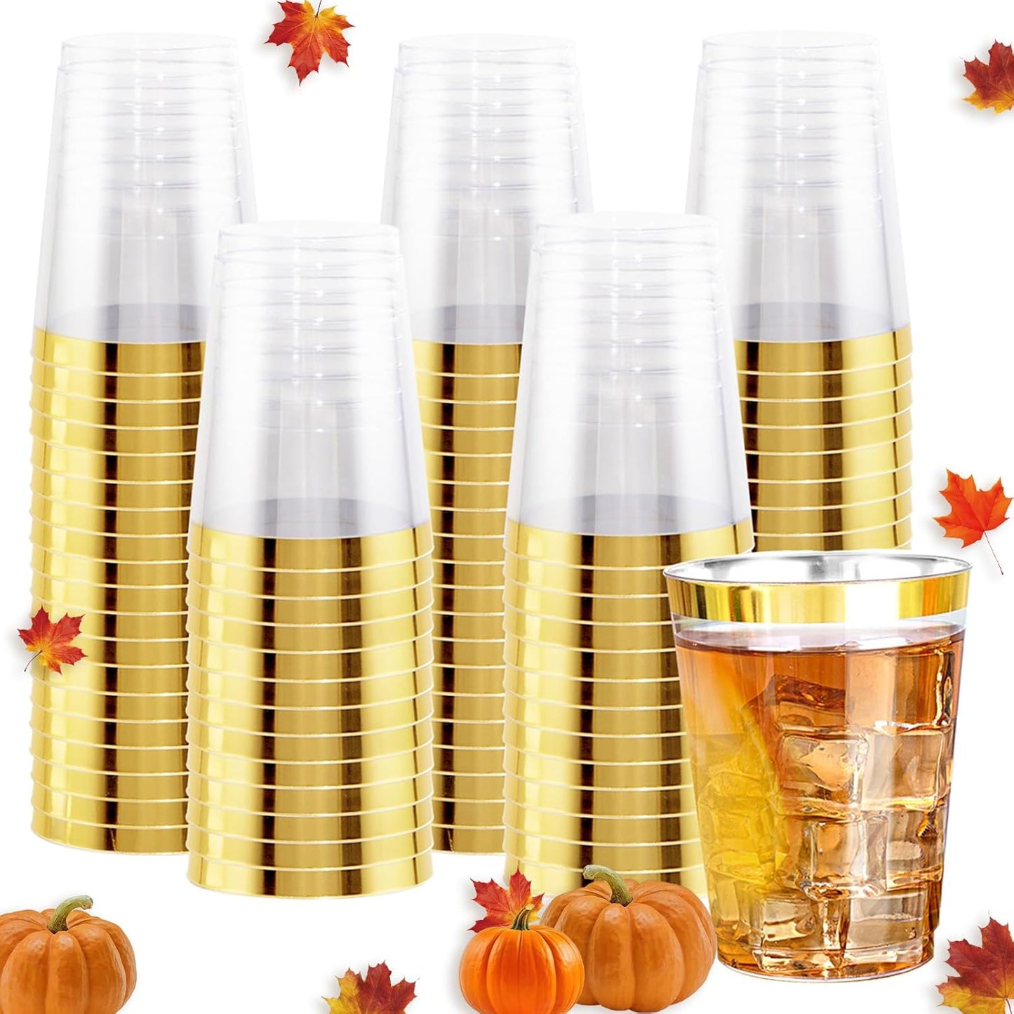 Ciaell 120PCS Gold Plastic Cups - 10Oz Heavy Duty Clear Plastic Cups with Gold Rim - Gold Rim Disposable Cups for Wedding, Birthday & Party