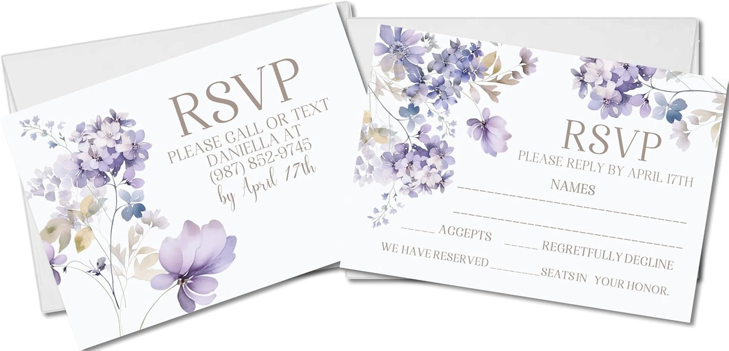Lavender & Purple Wedding Invitations, Garden Floral, Personalized, Set of 12 Invitations with Envelopes