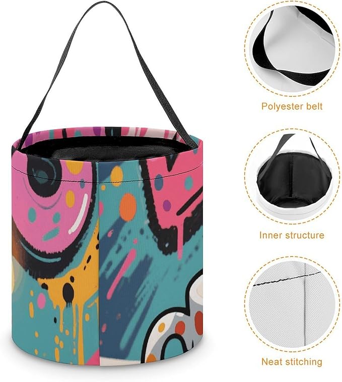 Halloween Candy Bucket - Doodle Style Coffee Cake Trick Or Treat Candy Bag, Gift Bag for Party Favor Supplies