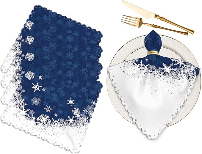 Yibeas Merry Christmas Snowflake Cloth Napkins Set of 4 Soft Winter Blue Frosty Snow Christmas Polyester Dinner Square Napkin for Family Restaurant Weddings Parties 18 x 18 inch