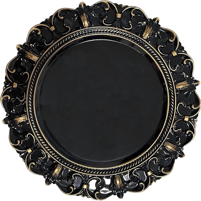 6 Pack Black Charger Plates 13" Round Charger Plates for Dinning Plates with Embossed Rim Plastic Charger for Dinner, Wedding, Elegant Tableware Decor