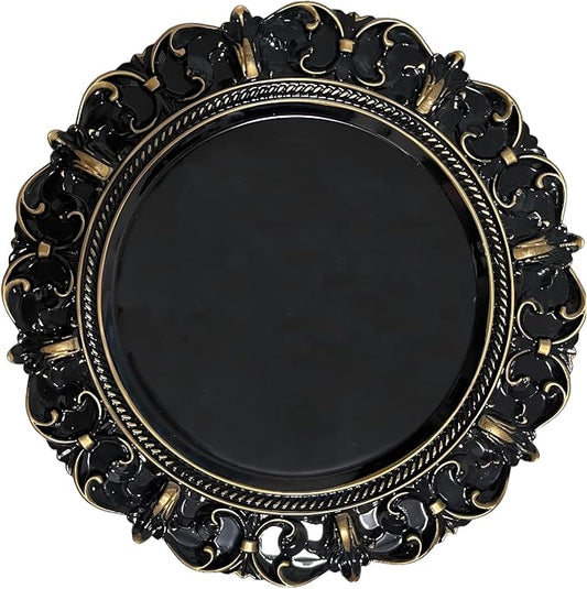 6 Pack Black Charger Plates 13" Round Charger Plates for Dinning Plates with Embossed Rim Plastic Charger for Dinner, Wedding, Elegant Tableware Decor