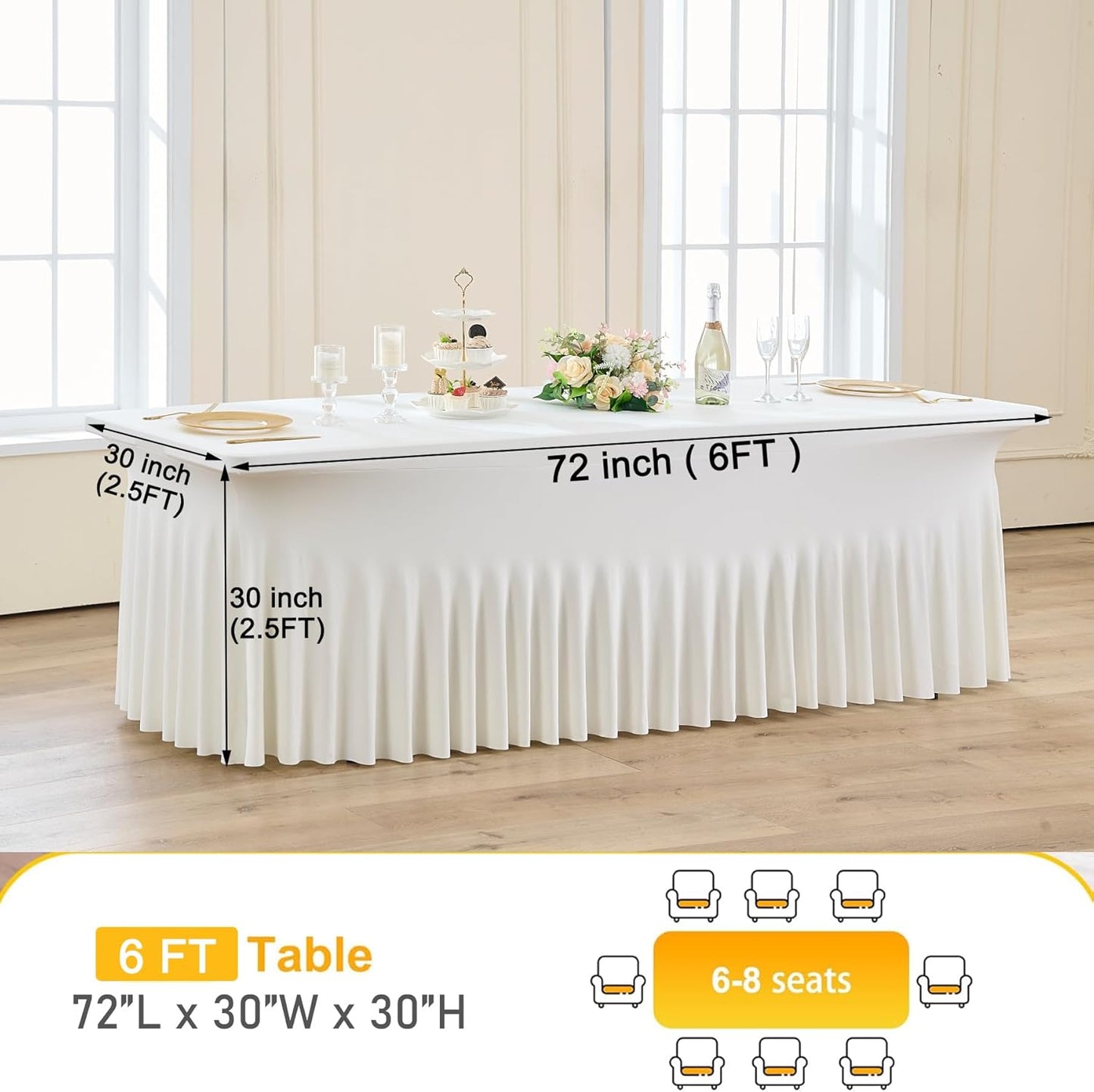 2pk Ivory Spandex Tablecloths 6ft for Rectangle Tables, Wrinkle Free Classy Table Skirt Stretchy Fitted Table Cloths Covers 6 Foot for Weddings Birthday Party Events Banquette Baby Shower
