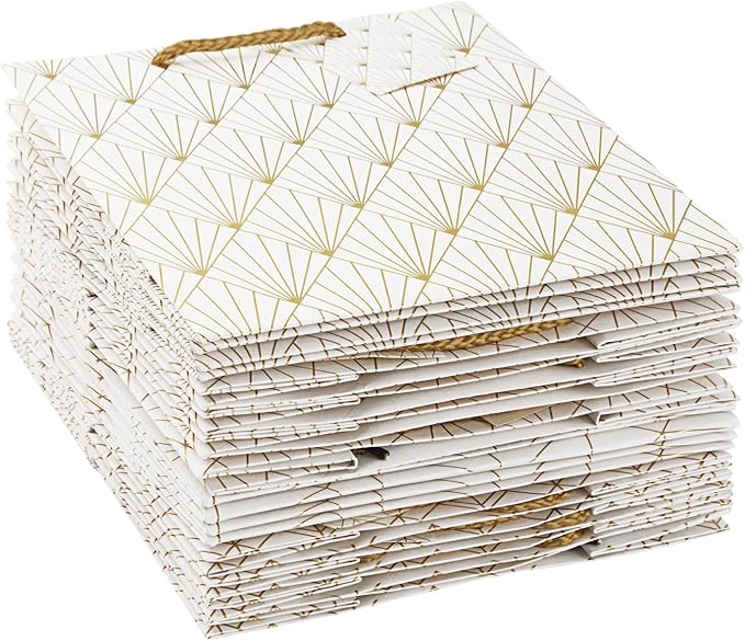 Sparkle and Bash Party Favor Bags - 8" x 10" x 4.5", Medium White & Gold, 16 Pack - Geometric Foil w/Rope Handles & Tags - Reusable Thank You Gift & Mini Gift Bags for Wedding, Bridal & Baby Showers