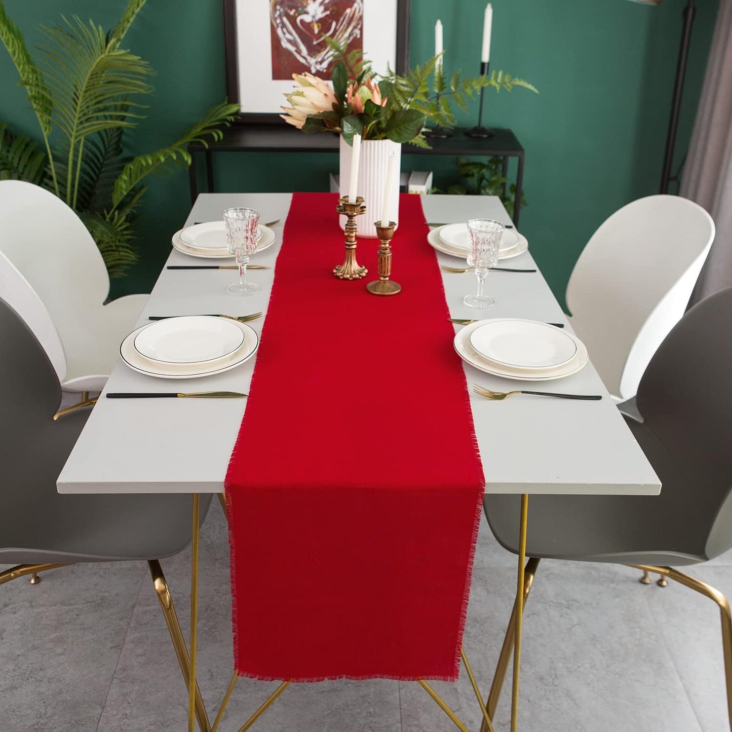 Christmas Table Runner with Fringe- 14x120 Inch Long Red, 100% Pure Linen Christmas Runner for Table, Red Table Runner for Winter – Machine Washable, Handmade