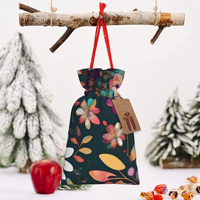 Colorful Boho Floral Printing Christmas Drawstring Gift Bags With Holiday Present Xmas Party Favors Fillers Sacks