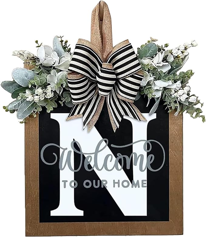 Last Name Year Round Front Door Wreath Front Porch Decoration 26 Letter Welcome Sign with Eucalyptus Garland and Bow Spring Wreaths for Front Door Outside Hanger Garland (N)