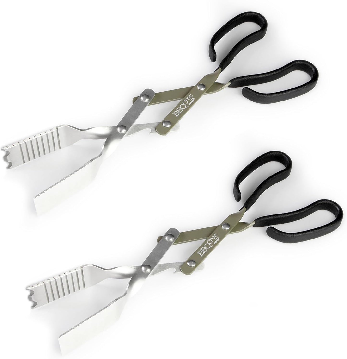 BBQ Croc 3-in-1 Barbecue Tool 15-inch - Pack of 2 - Extra Light Tongs, Spatula and Grill Scraper (Green) (15 inch Without Flashlight)