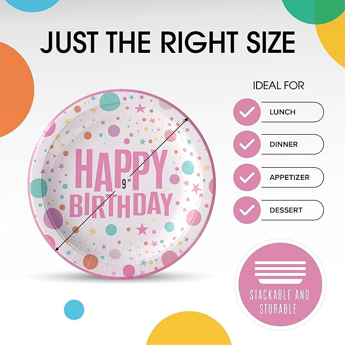 Exquisite Pink Happy Birthday Plates 9" Birthday Paper Plates 100 Pcs Pink Party Plate | Disposable Heavy Duty 350 Gsm Disposable Plate For Party Supplies And Decorations