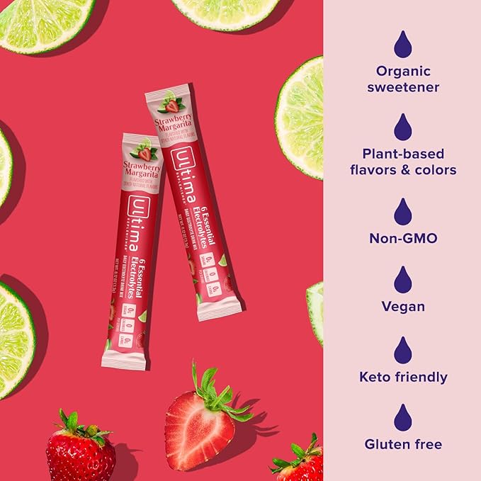Ultima Replenisher Daily Electrolyte Powder Drink Mix - Sugar Free - Strawberry Margarita, 16 Stickpacks - Hydration Packets with 6 Electrolytes and Trace Minerals - Keto Friendly, Vegan, Non-GMO