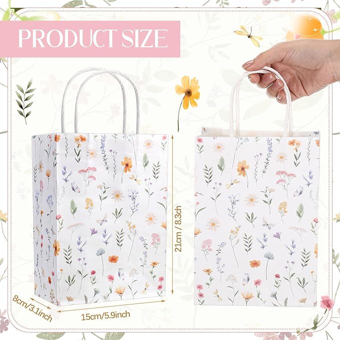 Kolldenn 24 Pcs Welcome Bags for Wedding Hotel Guests Birthday Party Paper Gift Bags with Handles for Halloween Bridal Birthday Party Favor, 8.3'' x 5.9'' x 3.1''(Wildflower)