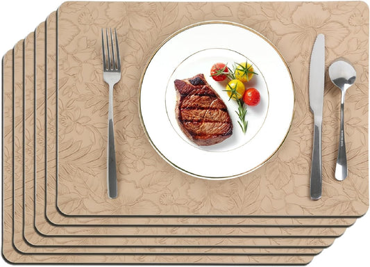 17" × 12" Faux Leather Placemats Set of 6, Beige, Washable, Wipeable & Heat-Resistant Table Mats, Waterproof & Anti-Slip Dining Place Mats with Shallow Embossed Texture for Kitchen & Dining & Outdoor