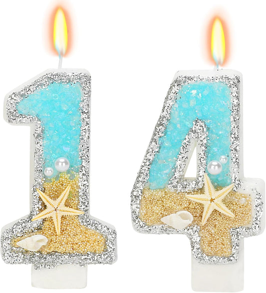Birthday Candle for Cake, Beach Starfish Sequins Candles, 2.76 inch Cake Topper Decoration for Birthday Party (Number 14)