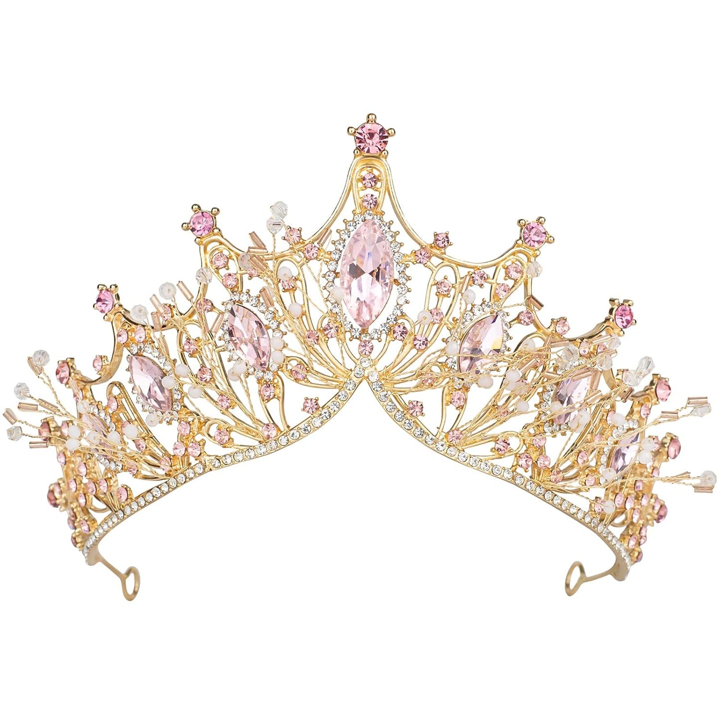 Yolmina Pink Baroque Vintage Crown, Crystal & Pearl Tiara for Women & Girls, Wedding & Party Accessory