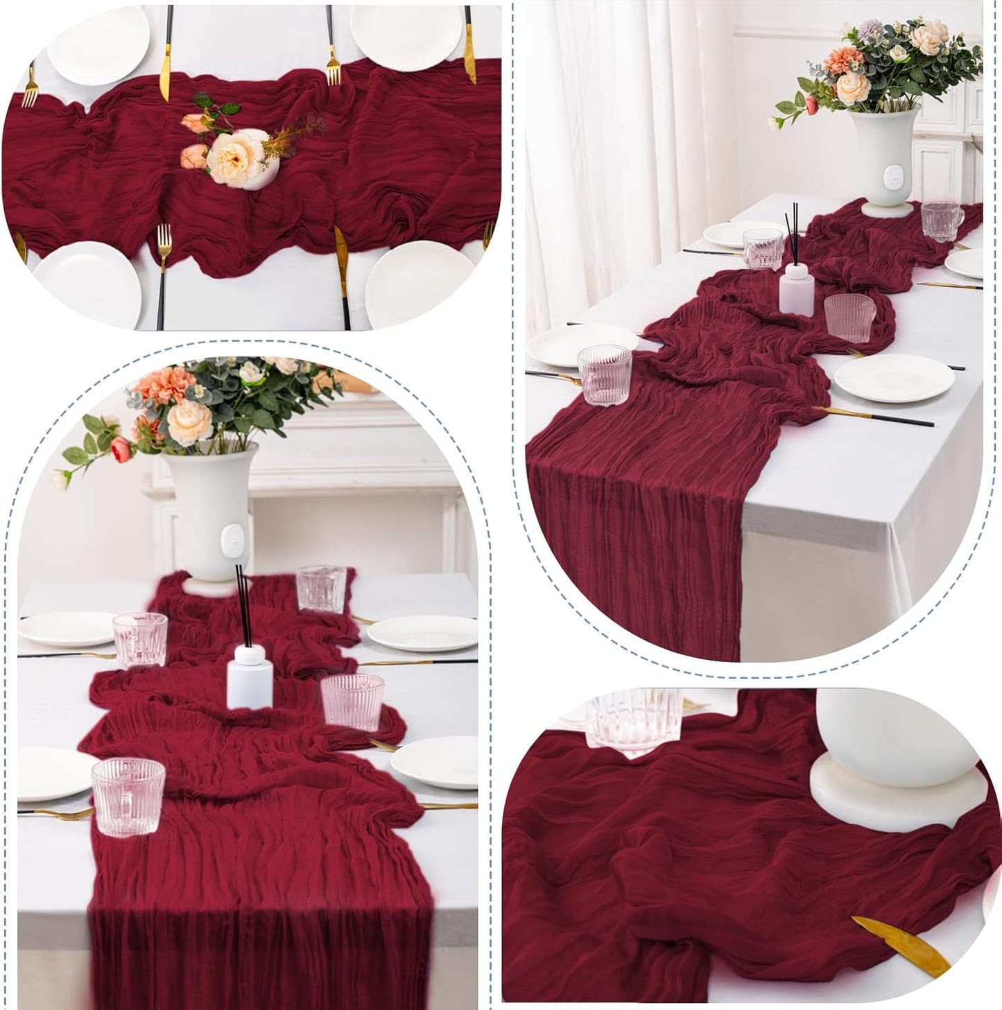 12 Pack Burgundy Table Runners 10FT Cheesecloth Table Runner 21 x 120 inch Boho Gauze Cheese Cloth Table Runner Rustic Sheer Table Runners for Party Wedding Bridal Baby Shower Birthday Table Decor