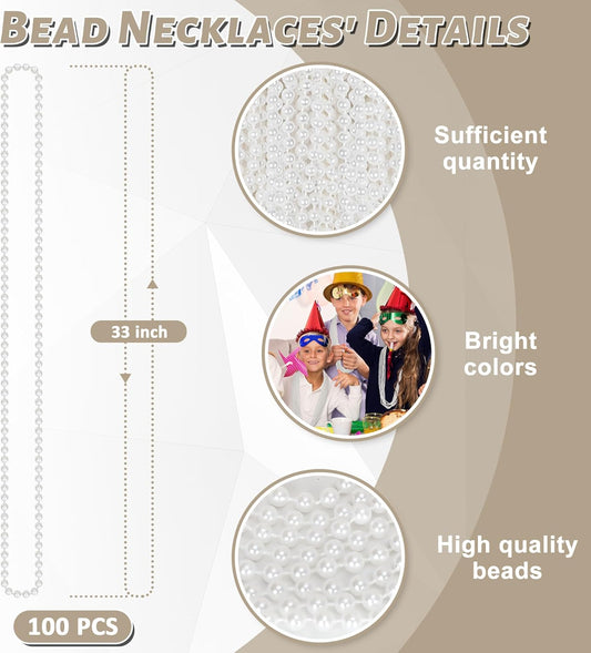 100PCS Bead Necklace, White Mardi Gras Beads Necklaces Bulk, 33" Metallic Round Beads Accessories, Bead Necklace Holiday Events Parade Throws Bridal Shower Party Decor Supplies Favors