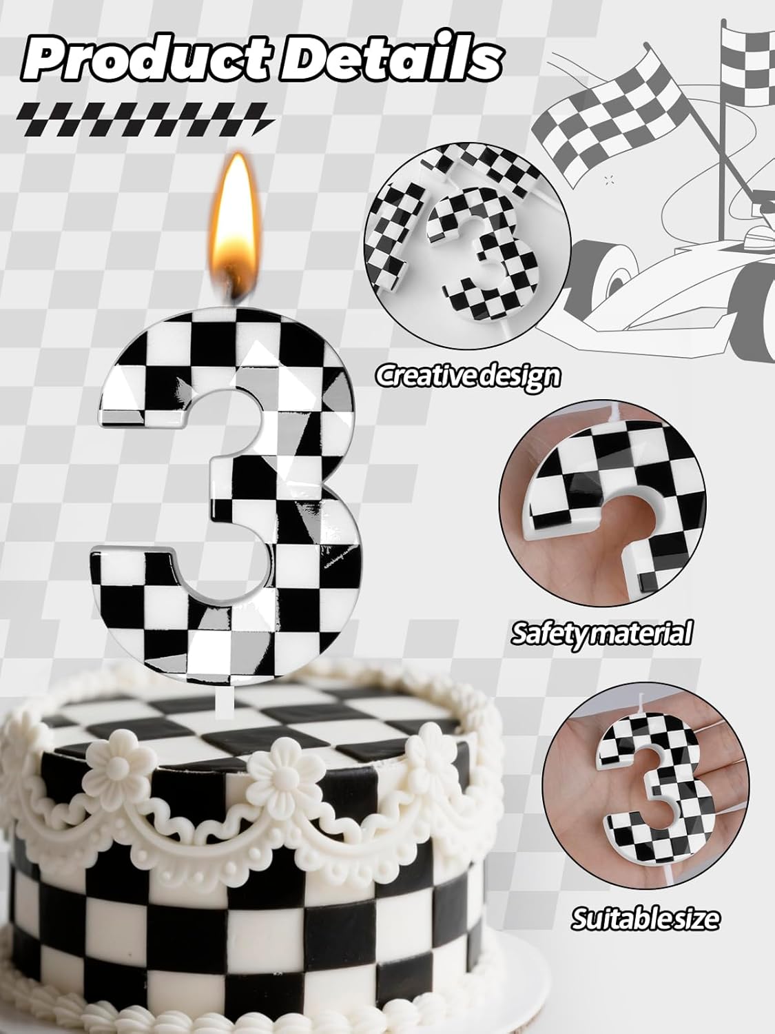 Number 3 Racing Cars Birthday Candles,2.68 Inch Black White Checkered Birthday Number Candles, Cool Racing Themed Number Candles for Boys and Girls, Kids Race Car Themed Party Decorations Supplies
