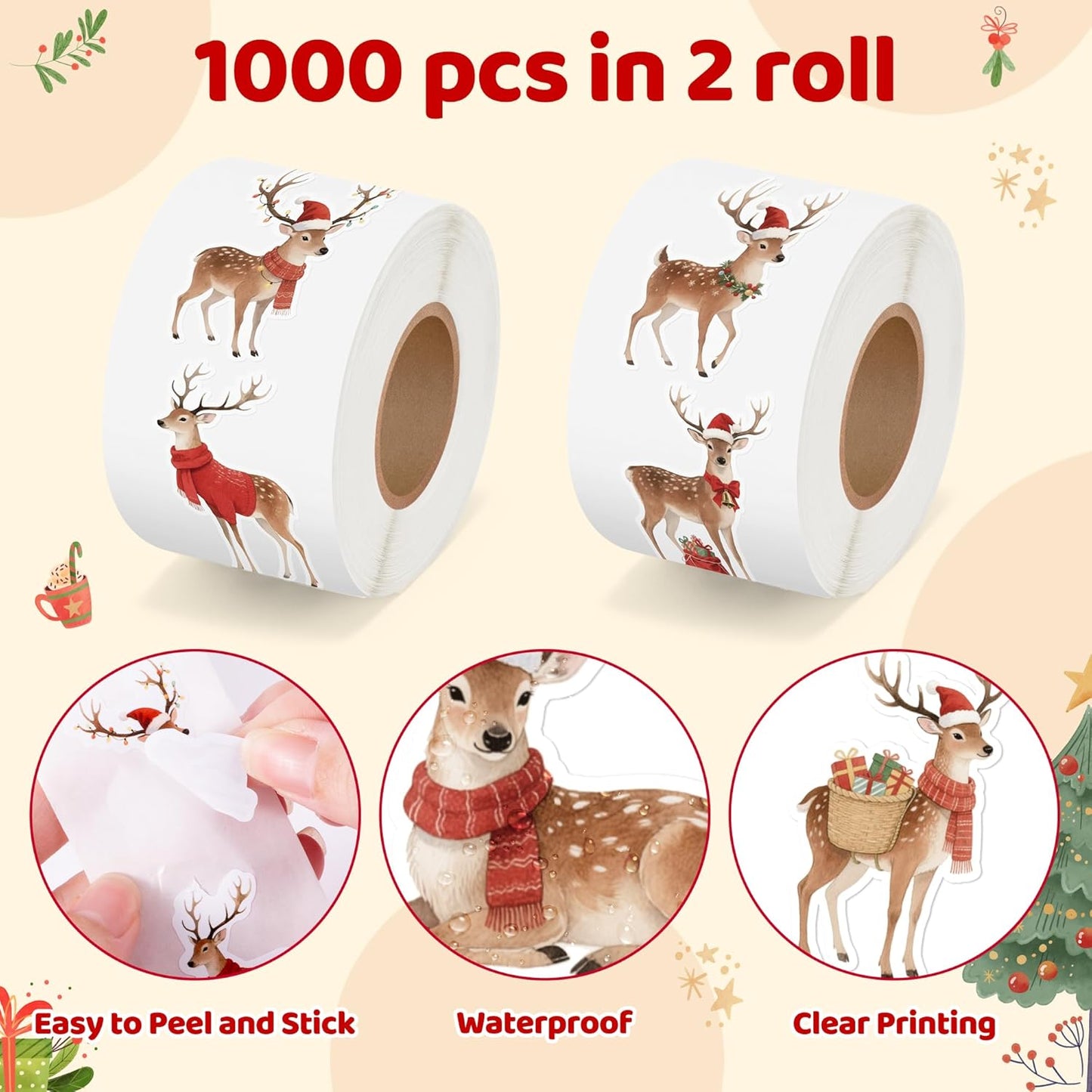 Christmas Watercolor Reindeer Sticker - 16 Elegant Designs with Premium Waterproof Vinyl & Repositionable Adhesive for Gift Wrapping, Scrapbook, Family Crafts, Water Bottle Laptop Decor