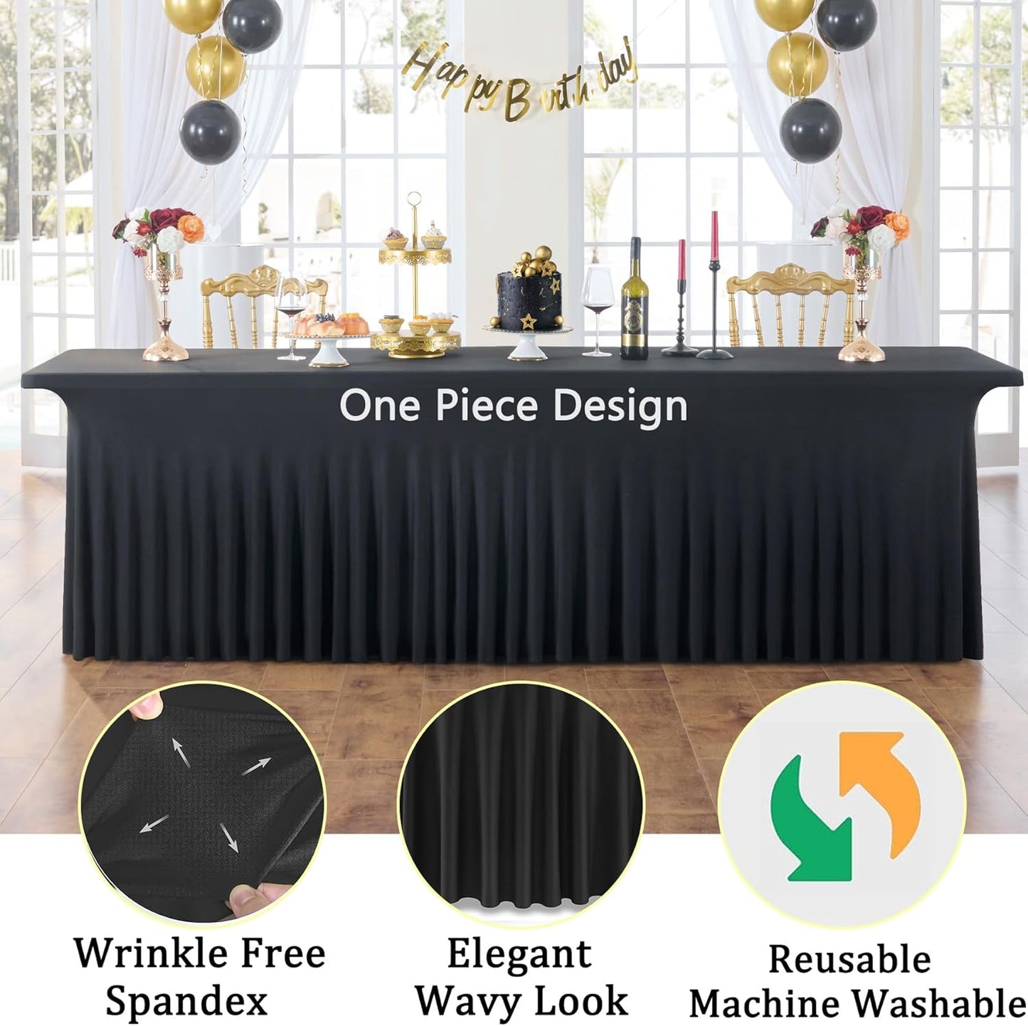 Black Spandex Table Clothes for 8 Foot Rectangle Tables, Wrinkle Free Fitted Table Covers 8ft Stretchy Tablecloths Desk Skirt for Parties Weddings Birthday Banquet Baby Shower