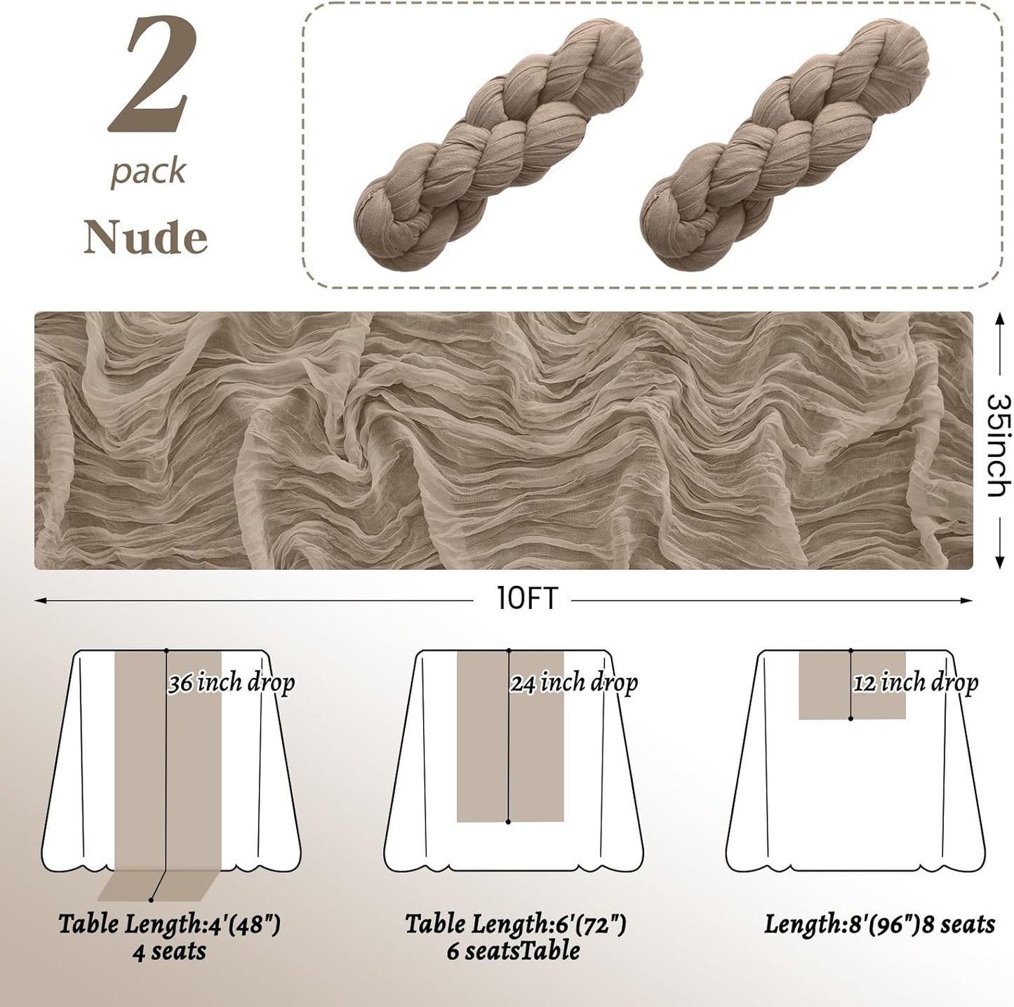 2Pack Nude Table Runner 10FT Cheesecloth Table Runner 35x120Inch Long Boho Cheese Cloth Table Runners Rustic Gauze Table Runners for Party Wedding Bridal Shower Baby Shower Decorations