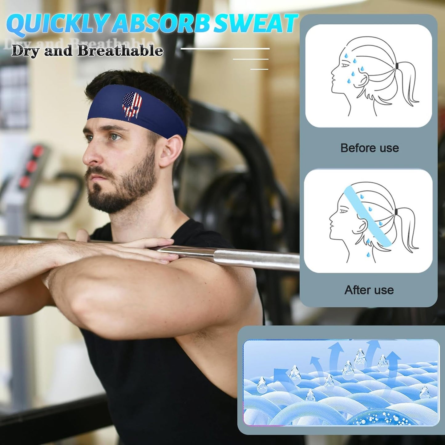Headbands for Men 3 Pack Sport Sweat Bands Headbands Men Skull Finger Workout Sweatbands for Mens Women Head Bands Cooling Running Men's Hairband Headband