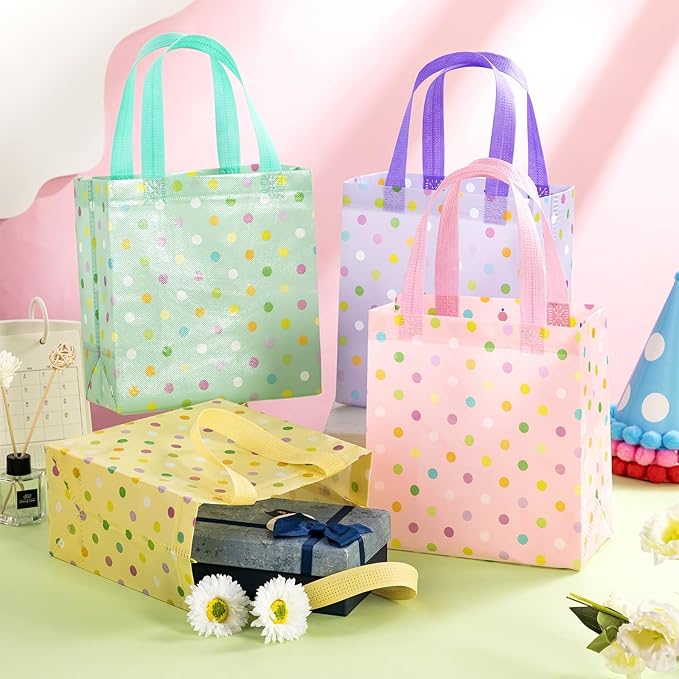 Sweetude 16 Pcs Pastel Dots Easter Gift Bag with Handles Non Woven Reusable Goodie Bags for Mother's Day Women Wedding Birthday Baby Shower Spring Party Favors