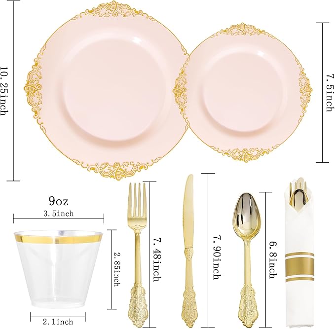 Nervure 175PCS Pink Plastic Plates - Disposable Pink Gold Party Plates & Pre Rolled Napkins with Cutlery for 25 Guests, 50Plates, 75Silverware, 25Cups, 25Napkin for Wedding & Party & Valentines