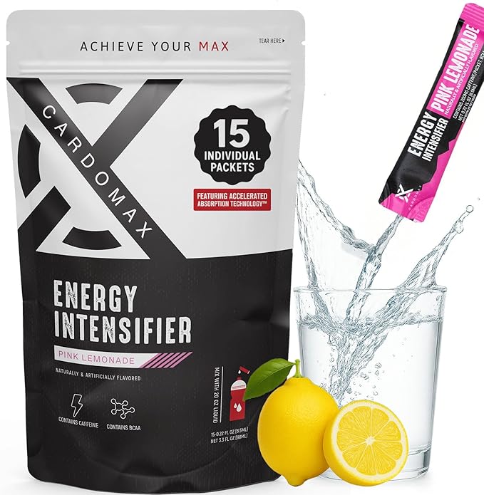 CardoMax - Energy Drink Packets - Liquid Preworkout for Men & Women Caffeine Packets with BCAA, Vitamin B12, Vitamin B6 & B3 - Sugar-Free, Zero Calorie, Vegan & Keto - 15 Stick Packs - Pink Lemonade