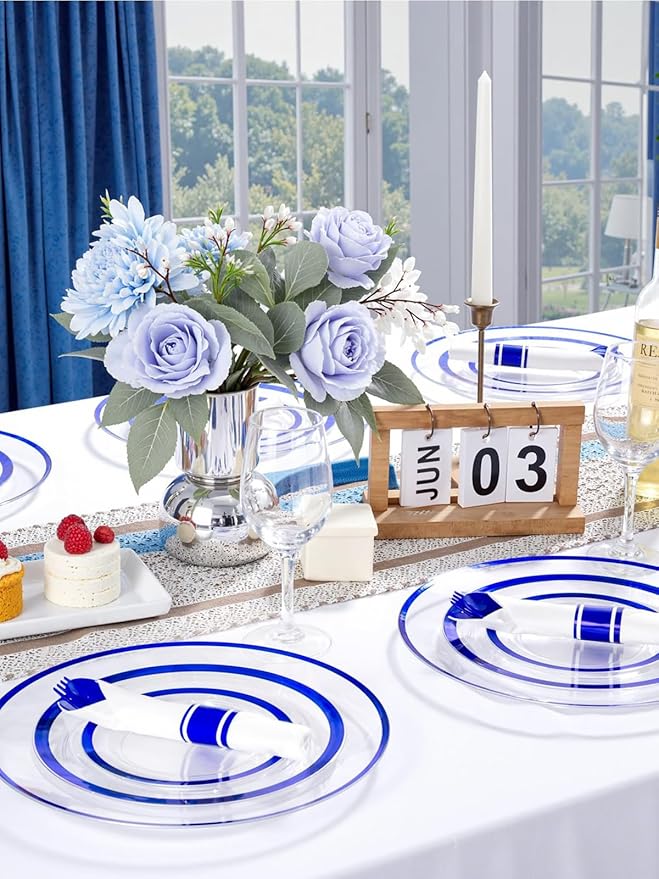 WDF 12 Inch Disposable Charger Plates - 25Pack Plastic Clear and Blue Charge Plates Perfect for Passover/Easter/Dinner/Wedding/Party/Elegant Tabletop Decor