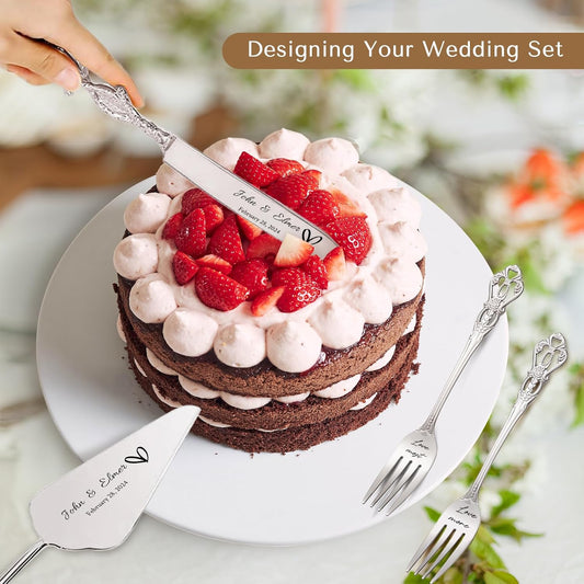 Personalized Wedding Cake Knife and Server Set Engraved Gold Cake Cutter Server Forks Custom Cake Cutting Set for Wedding Anniversary Engagement Birthday Gifts