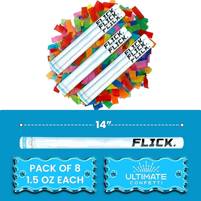 Ultimate Confetti - 8 Pack Multicolor Confetti Wands - Handheld 14" Biodegradable Tissue Paper Confetti Flick Sticks For Wedding, Birthday, Parties & Live Events - 2 Handfuls, 1.5 oz Each Stick