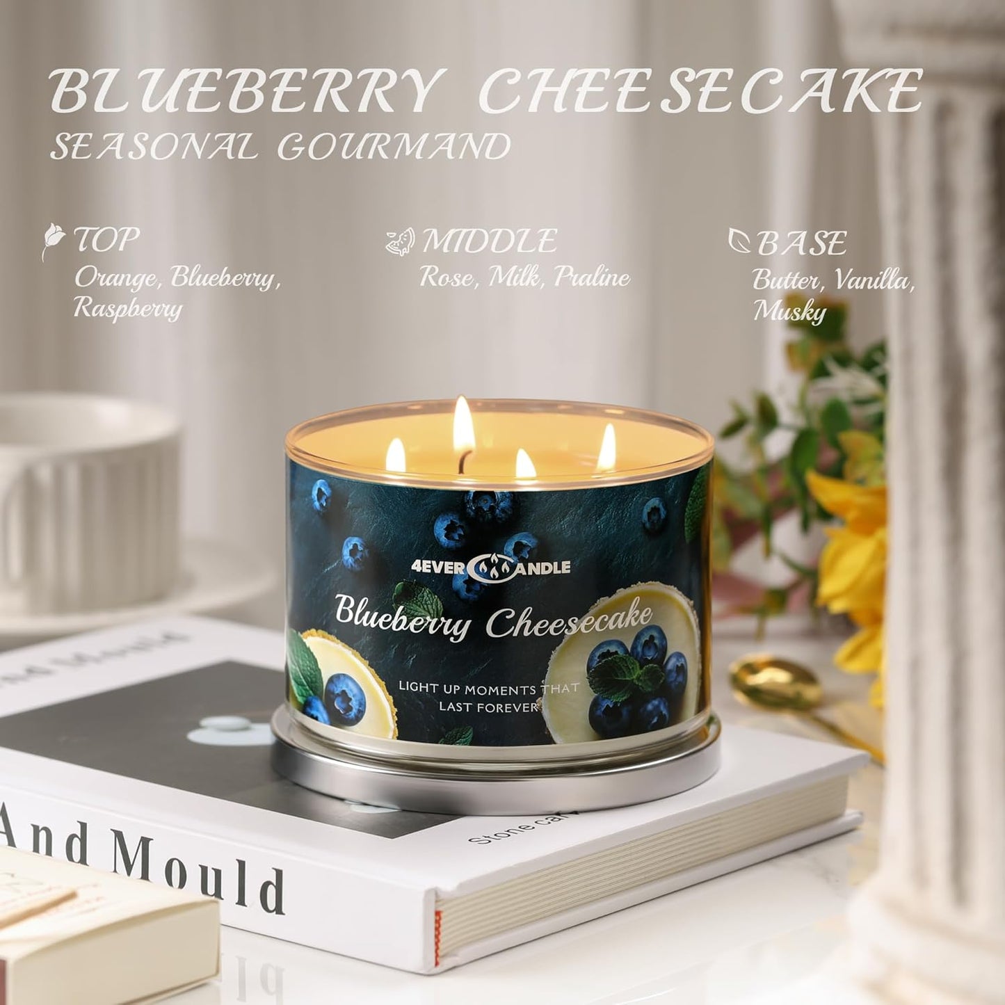 Soy Wax Blend Candle for Home, 4-Wick Candles in Blueberry Cheesecake Scented, Aromatherapy Candles Gift for Parties, Relaxing, Over 50 Hours of Burn Time, 18oz