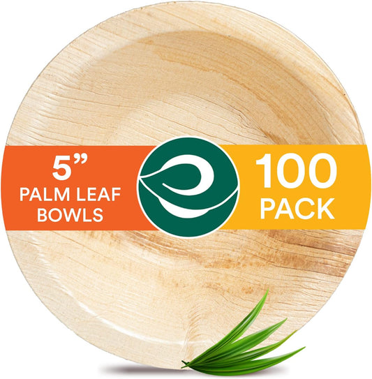 ECO SOUL Palm Leaf Bowl 100 pc, Small 5" (8 Oz) | Round Like Bamboo Bowls, Compostable, Biodegradable, Disposable Palm Leaf Bowls Eco-friendly | Sturdy, Microwave & Oven Safe