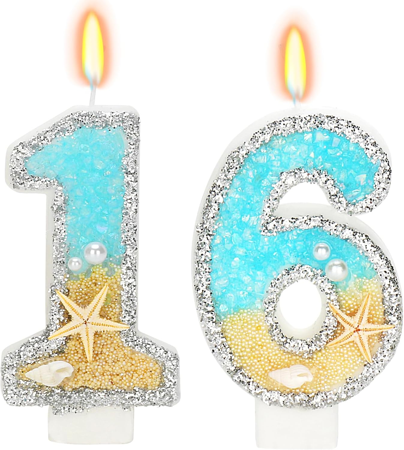 Birthday Candle for Cake, Beach Starfish Sequins Candles, 2.76 inch Cake Topper Decoration for Birthday Party (Number 16)