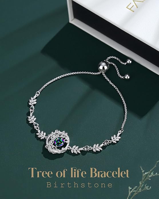 FANCIME Valentines Day Gift Tree of life Birthstone Bracelet for Women Sterling Silver Tree Jewelry Birthstone Charm Bracelet Gemstone Anniversary Birthday Gifts for Wife Mom Her