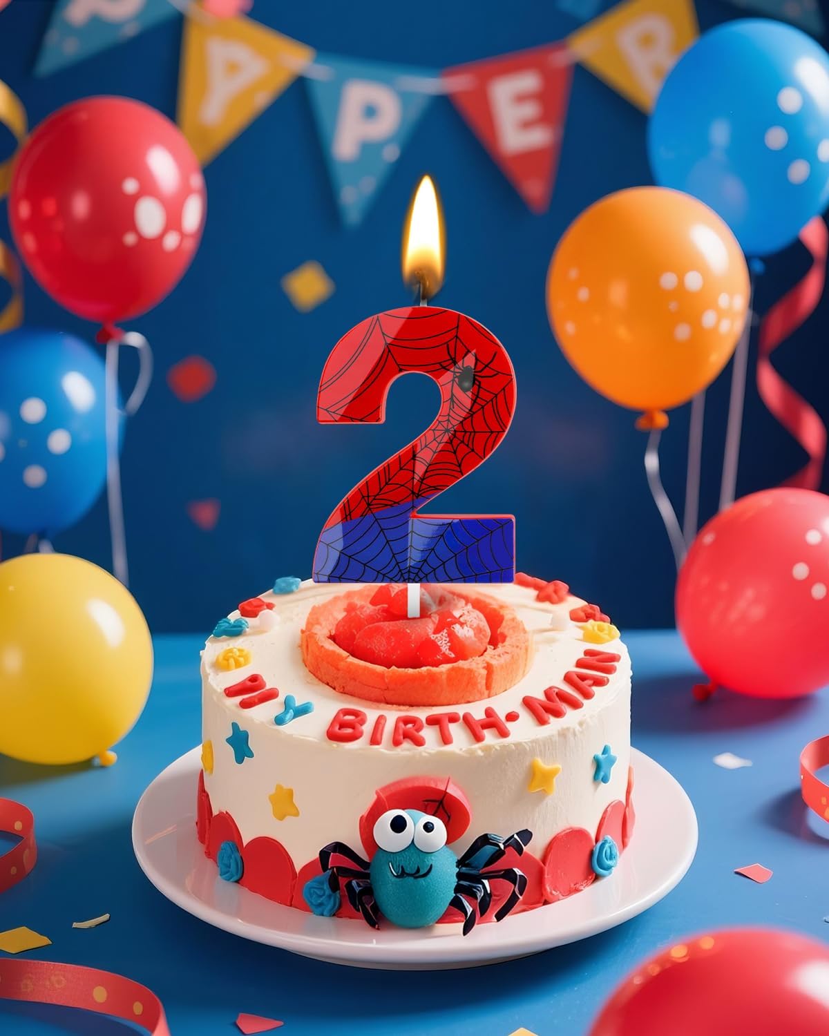 Number 2 Spider Themed Birthday Candle, 2.68 Inch Red Blue Spider Birthday Candles, Number Candles Birthday Cake Toppers Web Candles for Boy Girl Spider Party Decoration Supplies Halloween Party