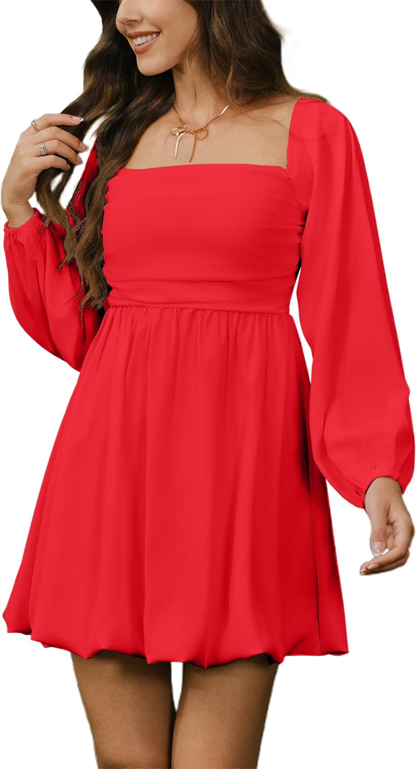 HYPERFIRE Women's Square Neck Pleated Long Sleeve Mini Dress Smocked A Lind Bubble Wedding Dresses
