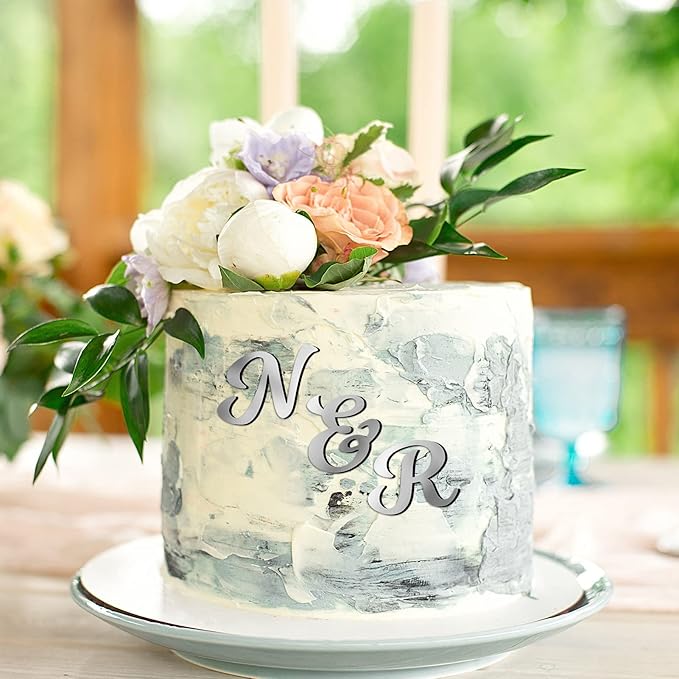 Jspupifip 64 Pcs Acrylic Letters Cake Alphabet Numbers Topper, Mirror Number 0-9 and Alphabet A-Z Personalized Cake Picks Decor Anniversary Wedding Baby Shower Party Supplies(Silver)