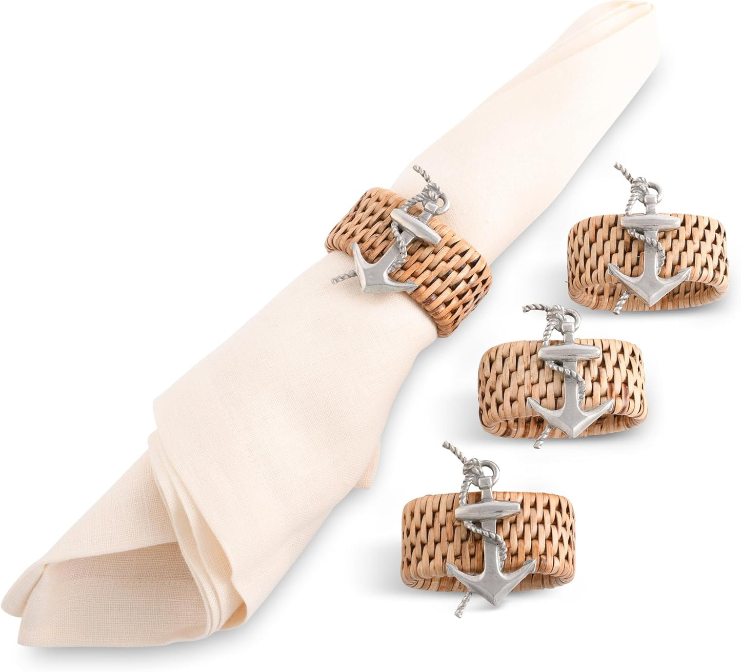 Vagabond House Pewter Anchor Oval Rattan Napkin Rings, Woven Wicker, Natural Eco-Friendly Coastal Decor, Set of 4 for Beach House, Rattan Decor, House Naturals