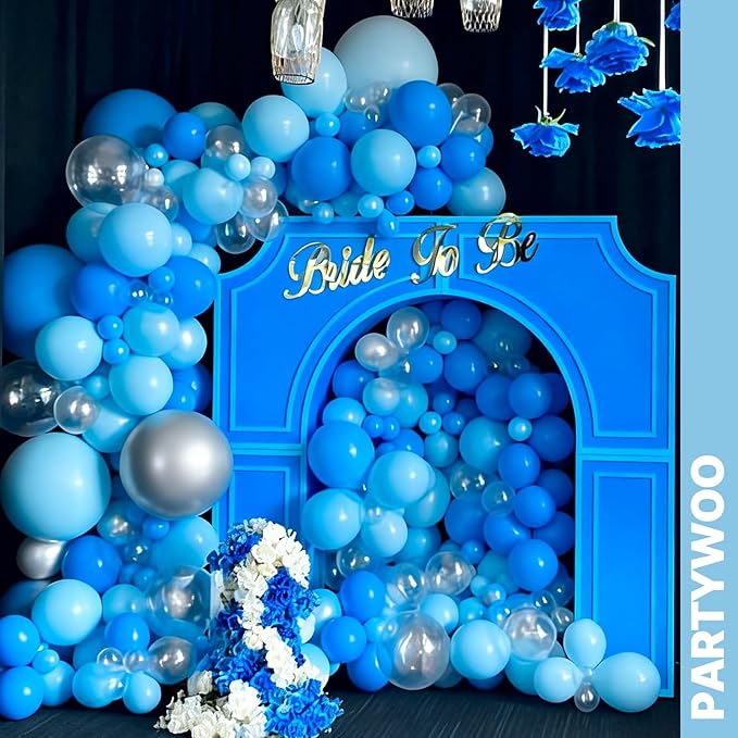 PartyWoo Blue and Silver Balloons 65pcs 12 Inch Light Pastel Baby Metallic Pearl Blue Metallic Chrome Silver Confetti Balloons for Gender Reveal Wedding Baby Shower Birthday Party Decorations