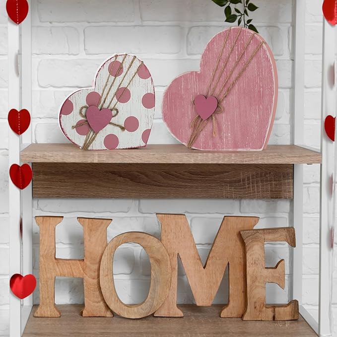 3 Pcs Valentines Day Decor for Table Centerpiece Vintage Wooden Heart Shaped Sign for Tiered Tray Decor with Jute Twine Bows Rustic Farmhouse Boho Valentine Decors for Home Couple Lover Gifts