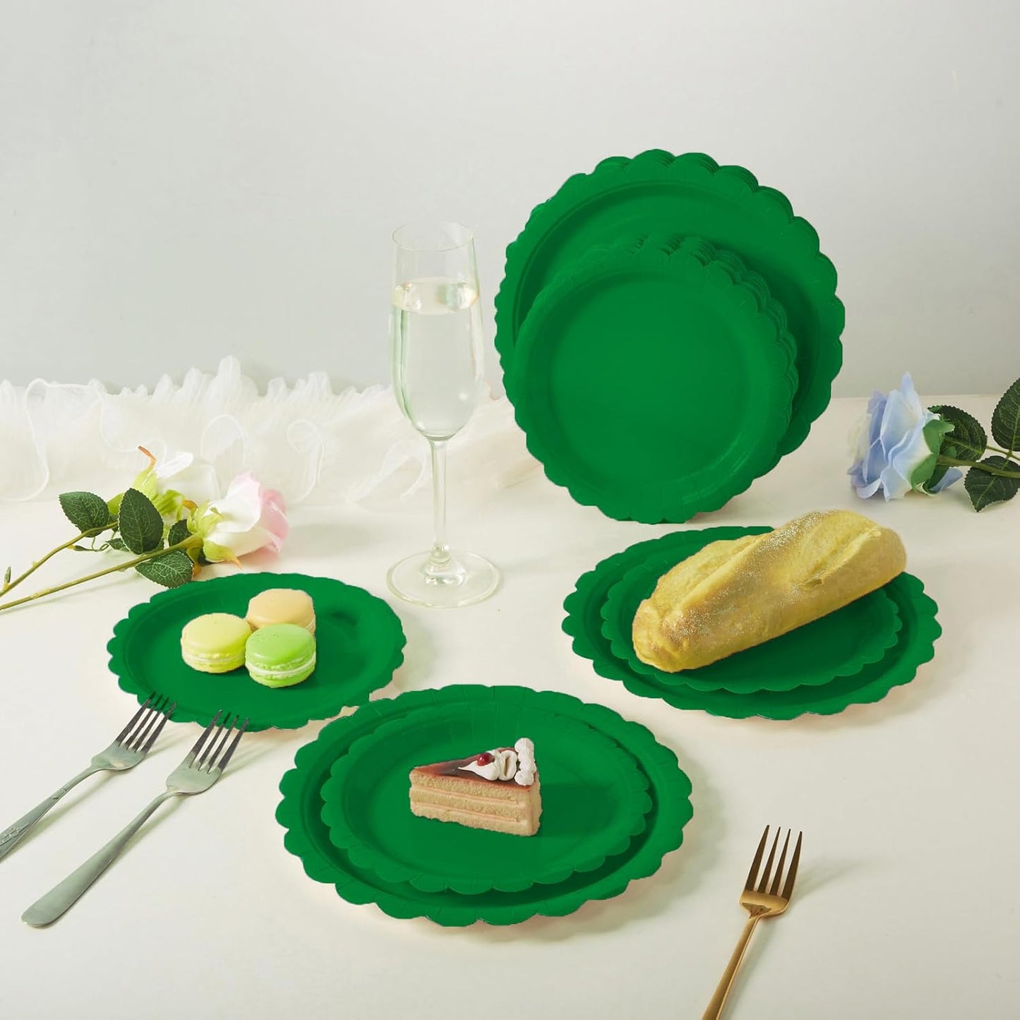 BEFORYOU 50PCS Scalloped Disposable Paper Plates Dessert Cake Party Plates for Baby Shower, Wedding,Bridal Shower Birthday Party Supplies (Green, 7IN and 9IN)