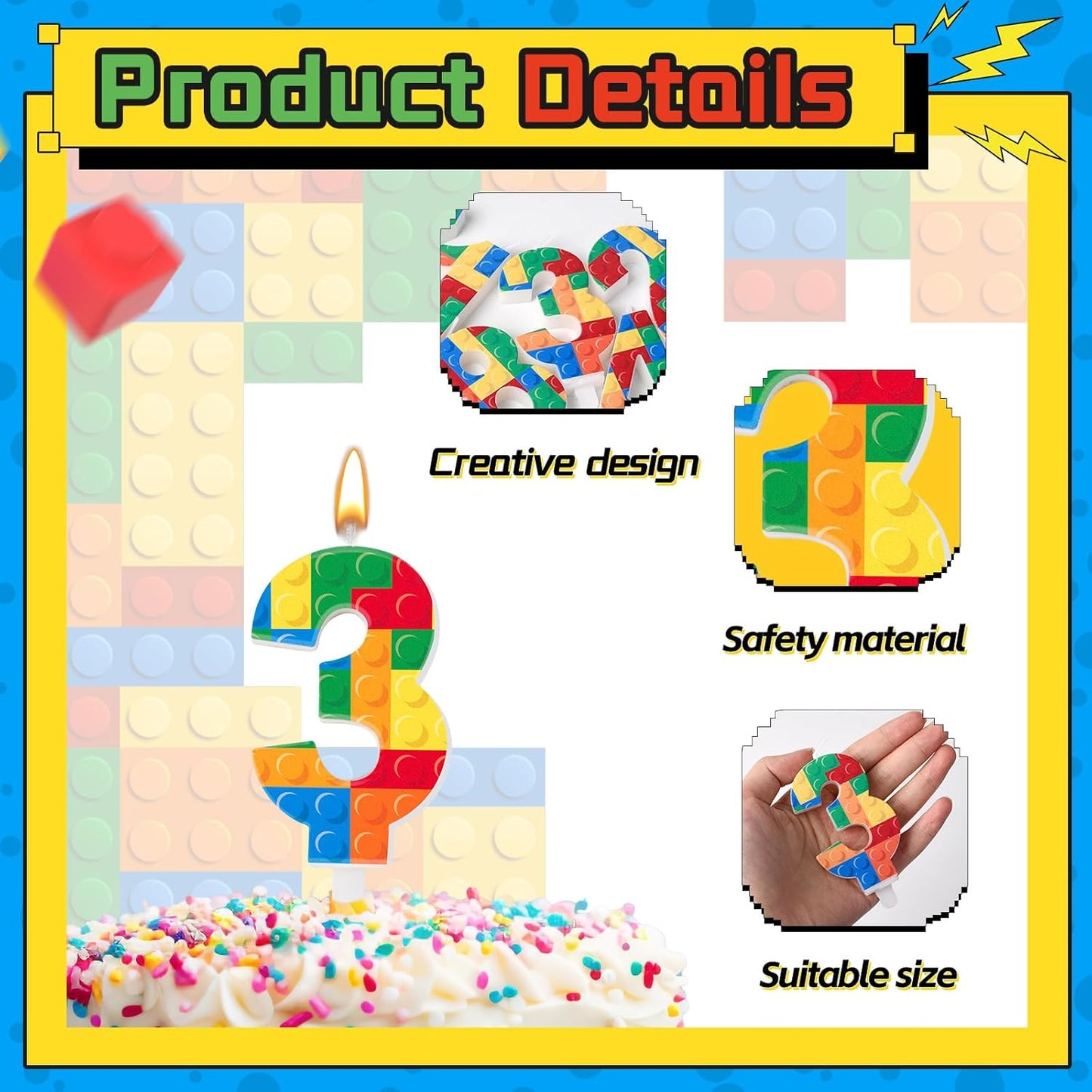 Building Block Themed Birthday Candle Number 3 Candle Birthday Party Decoration Cake Topper for Building Block Party Decoration Theme Parties Supplies (Number 3)