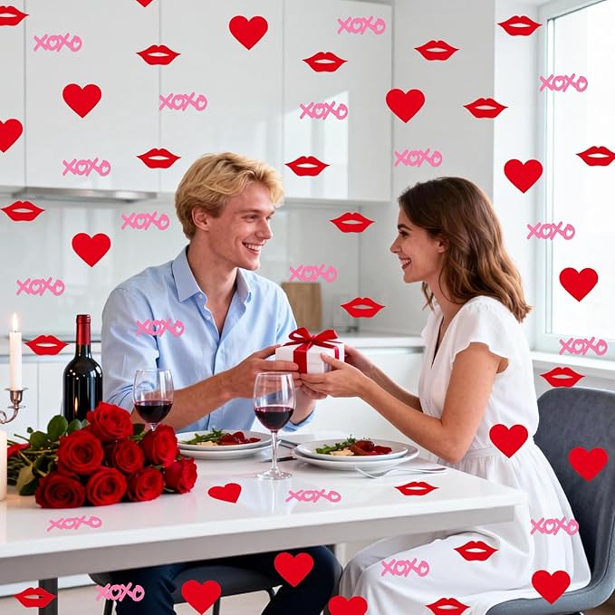 Hot Pink XOXO Letters with Red Lips & Hearts Confetti - 200-Piece Romantic Party Decor, Biodegradable Paper Mix for Valentine's Day, Wedding, Anniversary Table Scatter
