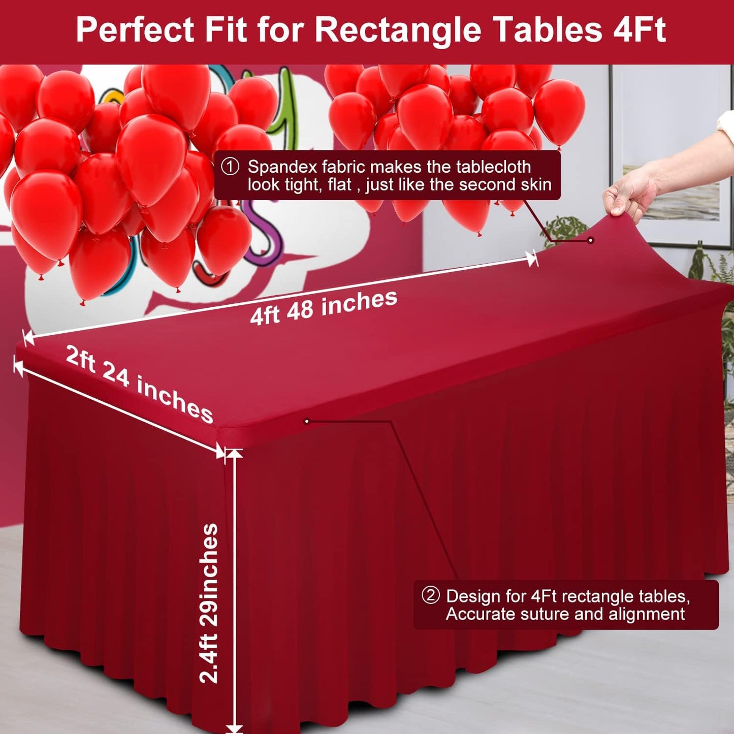 Thick 2 in 1 Spandex Table Skirt Cover 4ft, Rectangle Fitted Tablecloth with Pleated Skirt, Wrinkle Free Rectangular Table Cloth for Banquets Vendor Event (Burgundy, 48"*24"*29")