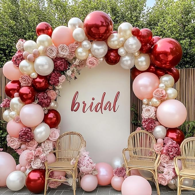 Red Pink White Balloons Double Stuffed Burgundy Pink Balloons Different Sizes Pearl White Burgundy Balloon Arch Kit for Bridal Wedding Birthday Baby Shower Mother's Day Party Decoration