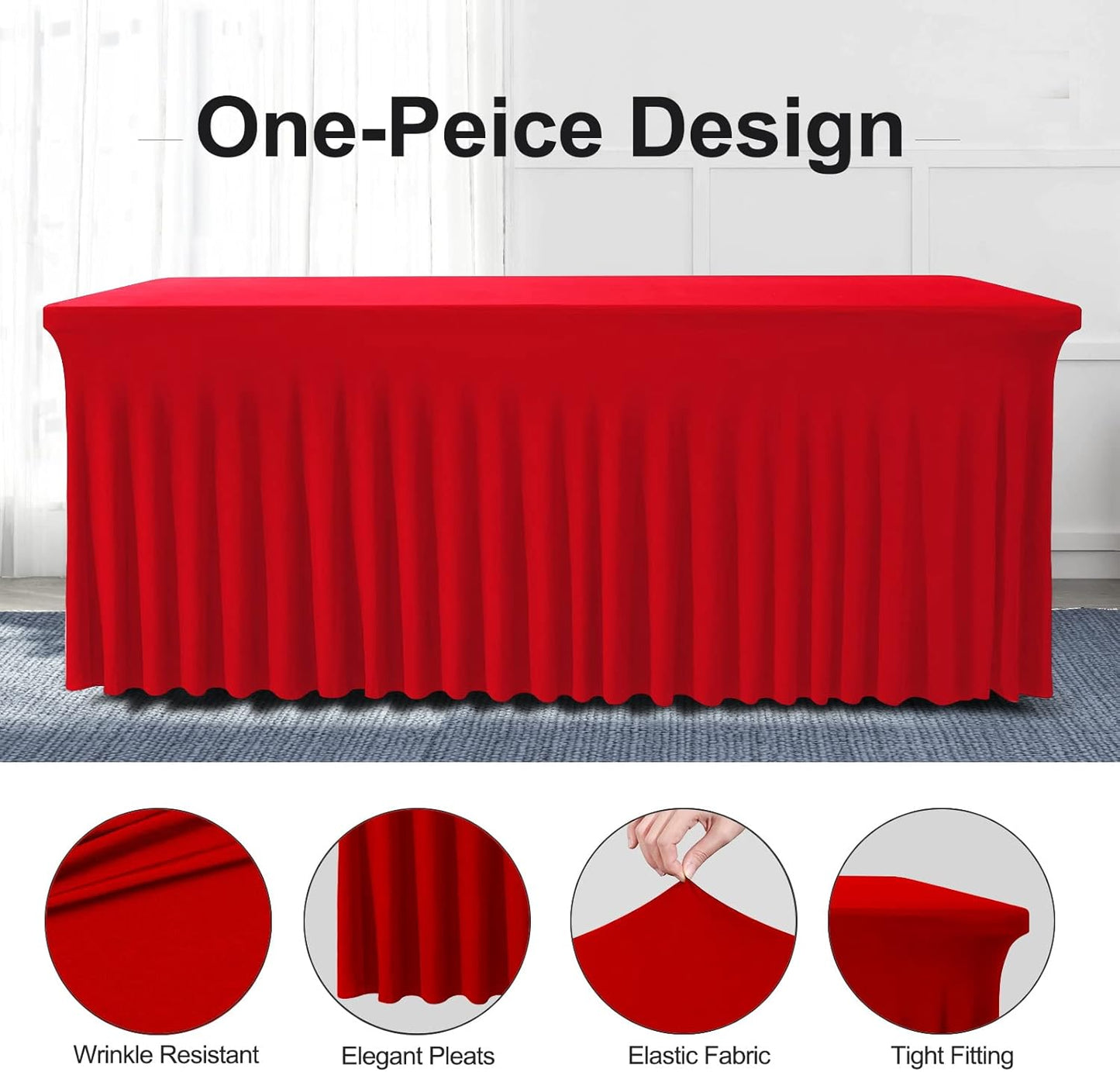 Table Skirt for 4 Foot Tables - One-Piece Red Tablecloths and Skirt, Wrinkle Resistant Ruffles Elastic Cover for Banquets, Weddings, Events, Parties